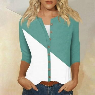 Womens Tops Fall Clearance 2024 3/4 Sleeves Buttons Loose T-shirt Patchwork Round Neck Coats Blouse Printed Tops Green S