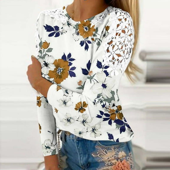 Womens Tops Fall 2024 Casual Lace Round Neck Long Sleeved Print T-shirt Gold M
