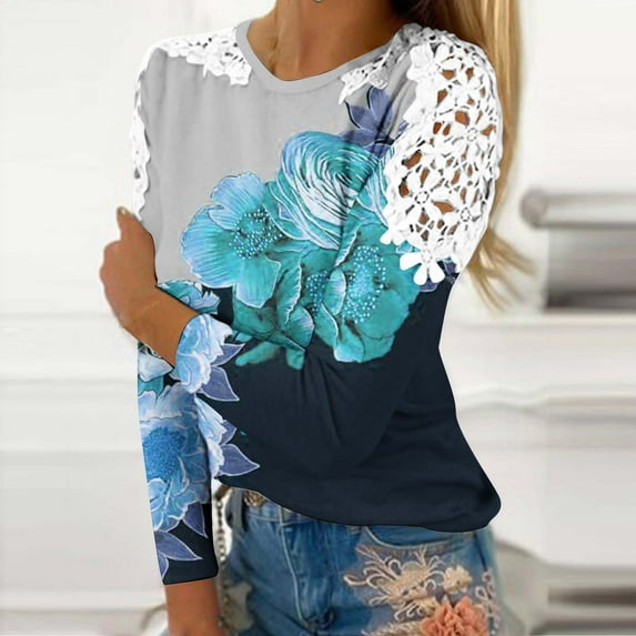 Womens Tops Fall Clearance 2024 Casual Lace Round Neck Long Sleeved Print T-shirt Light Blue S