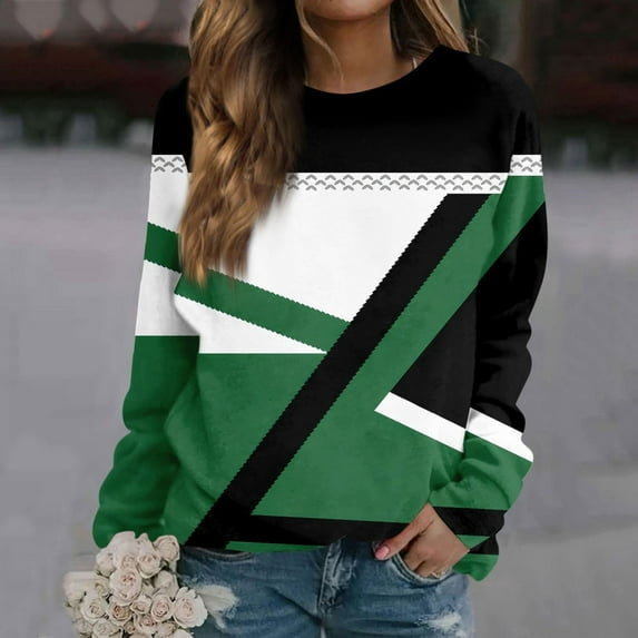 Womens Tops Fall 2024 Patchwork Long Sleeved Round Neck Casual Printed Sweatshirt Green M