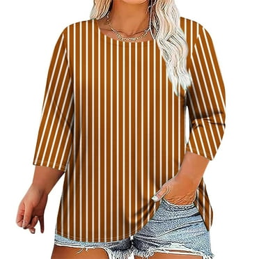 Womens Tops Fall Clearance Long Sleeve Striped Printed Round Neck Plus Size T-shirt Brown 3XL