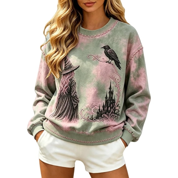 Womens Tops Fall Sales Witch Graphic Print Lightweight Pullover Halloween Sweatshirt for Women