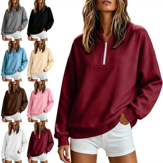 Womens Tops Fall Winter Fashion Half Zip Hooded Long Sleeve Loose Fit Soft Sweatshirt