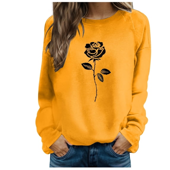 Womens Tops Fall Winter Loose Fit Crewneck Long Sleeve Bubble Drop Shoulder Zipperless Floral Pullover Cotton Sweatshirts T Shirt(Orange,S)
