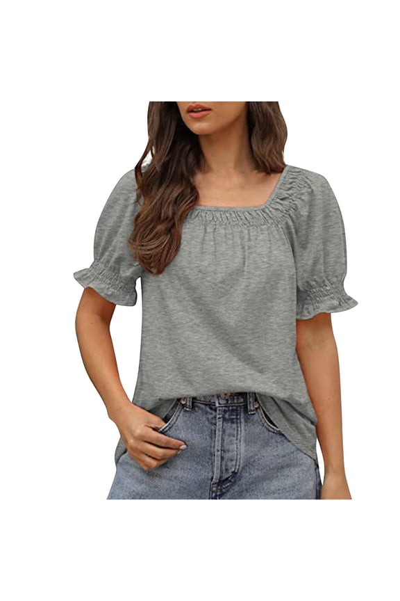Womens Tops Fashion Basics Summer Spring Wear Square Neck Short Sleeve Pullover Loose Fit T Shirt Casual Solid Color Shirts