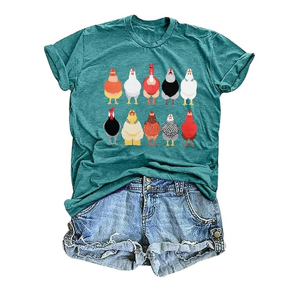 Womens Tops Fashion Casual Round Neck Chicken Printed Top Short Sleeved Oversized Tshirts for Women Light Green L