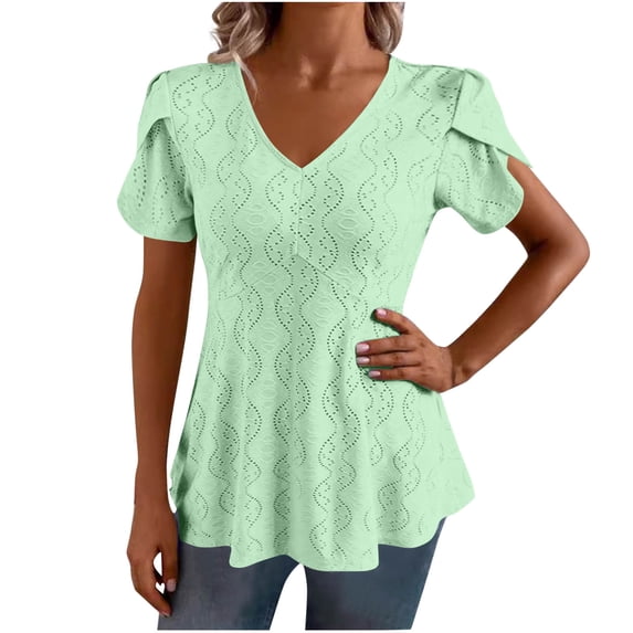 Womens Tops Fashion Casual Short Sleeve Solid Ladies V-Neck Top Blouse Summer Blouses Army Green S