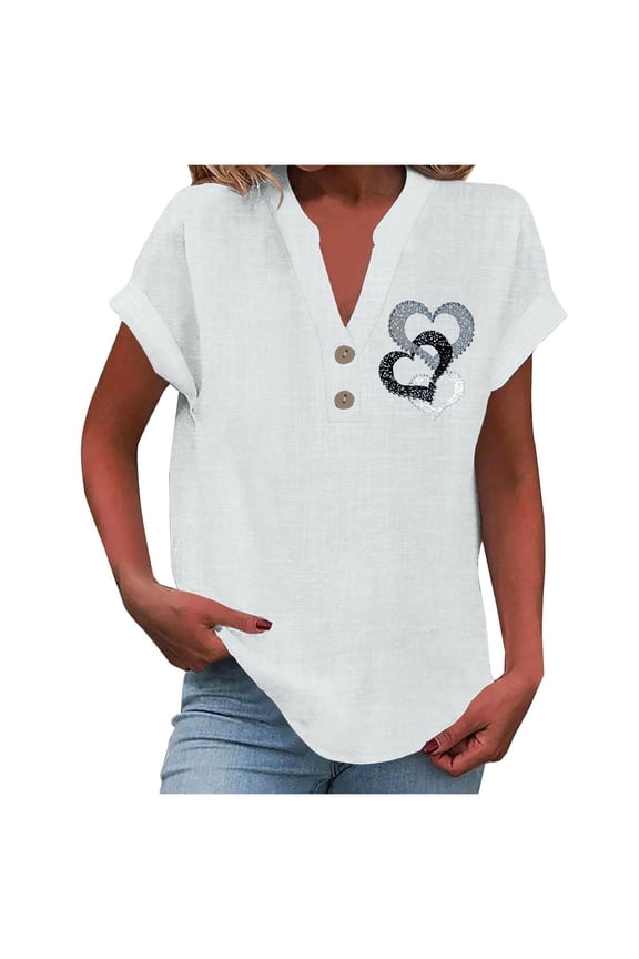 Womens Tops Fashion Chain Love Print V-Neck Button Down Short Sleeve Top Trendy