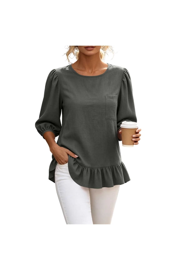 Womens Tops Fashion Cotton Round Neck Loose Three Quarter Sleeves Top