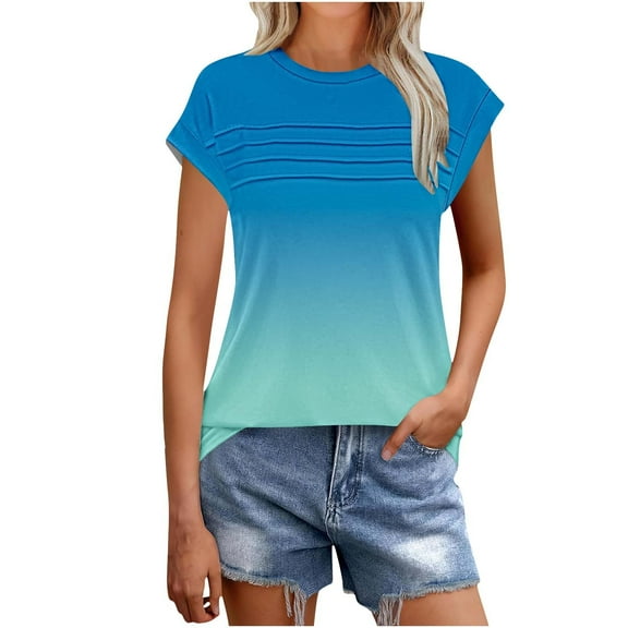 Womens Tops, Fashion Gradient Color T-Shirt for Women Casual Crewneck Cap Sleeve Summer Tops Pleated Loose Fit Trendy Tees