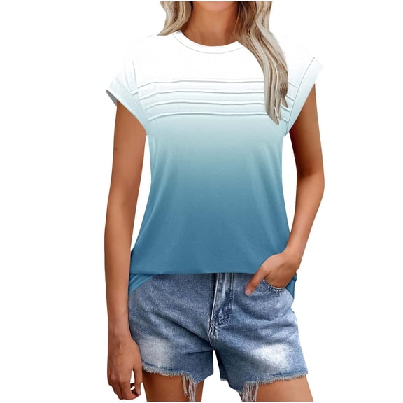 Womens Tops, Fashion Gradient Color T-Shirt for Women Casual Crewneck Cap Sleeve Summer Tops Pleated Loose Fit Trendy Tees