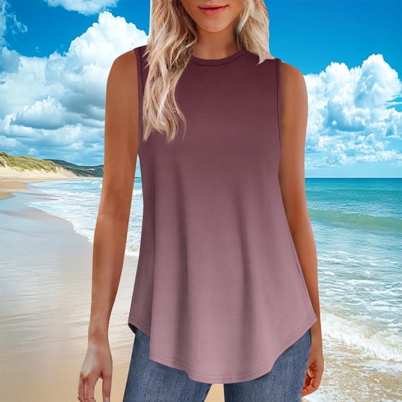 Womens Tops Fashion Gradient Print Crew Neck Shirts Leisure Loose Fit Sleeveless Standard Straps Summer Shirts