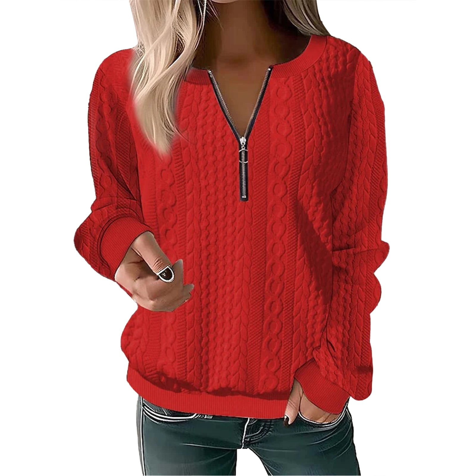 Womens Tops Fashion Long Sleeve With Half Zipper Solid Color Ladies