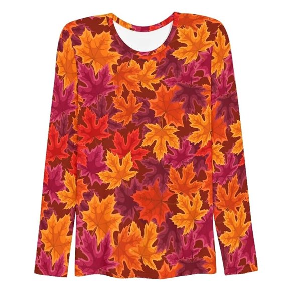 Womens Tops Fashion Maple Leaf Printed Long Sleeve Round Neck Womens Tee,Orange,3XL