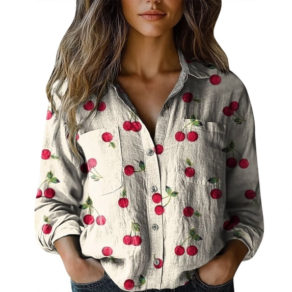 Womens Tops Fashion Print Long Sleeve Cotton Button Blouse Spring Summer Shirts for Women White 3Xl