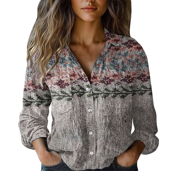 Womens Tops Fashion Print Long Sleeve Cotton Button Shirt Spring Summer Shirts for Women Gray 2Xl