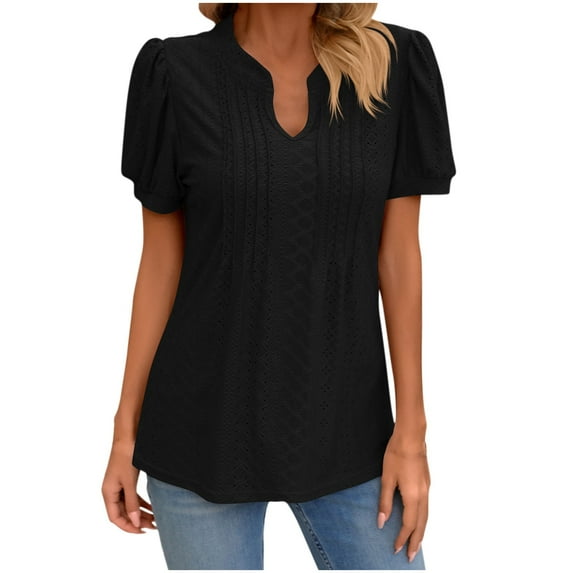 Womens Tops Fashion Print Tops Short Sleeve Puff Sleeve Hollow Out Blouse Solid Color Funny Round Neck T-Shirt Tops Summer Tops