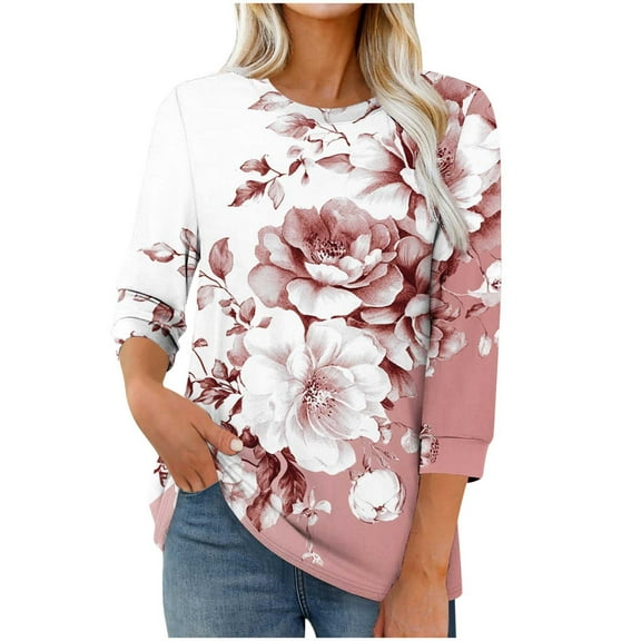 Womens Tops Fashion Printed T-Shirt 3/4 Sleeves Blouse Round Neck Casual Top Basic Tees For Women