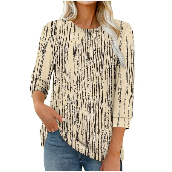 Womens Tops Fashion Printed T-Shirt 3/4 Sleeves Blouse Round Neck Casual Top Basic Tees For Women