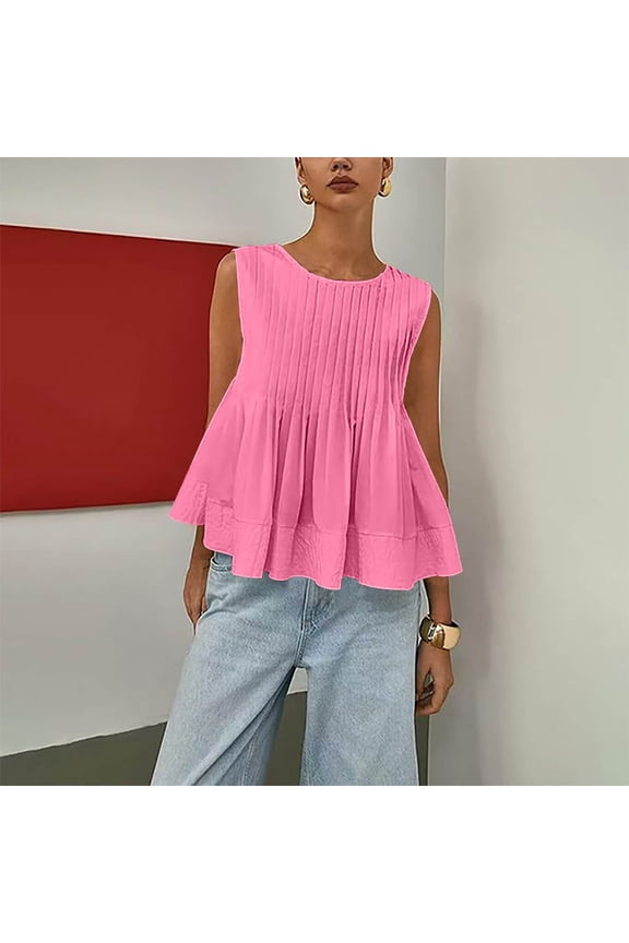 Womens Tops Fashion Solid Color Crew Neck Basic Tight T Shirts Casual Loose Fit Sleeveless Standard Straps Pleated Tops