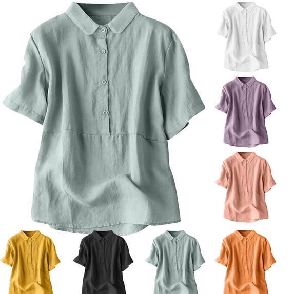 Womens Tops Fashion Solid Color Lapel Button Short Sleeve Casual Linen Top Summer T-Shirt Blue M