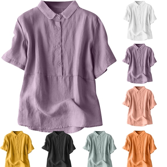 Womens Tops Fashion Solid Color Lapel Button Short Sleeve Casual Linen Top Summer T-Shirt Purple M
