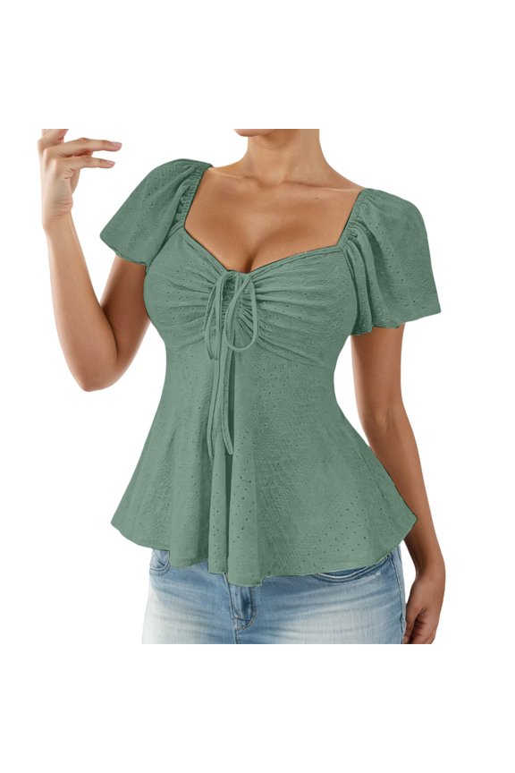 Womens Tops Fashion Summer Drawstring Tie Front Solid Short Sleeve T-Shirts Flowy Comfy Casual Trendy Dressy Blouses