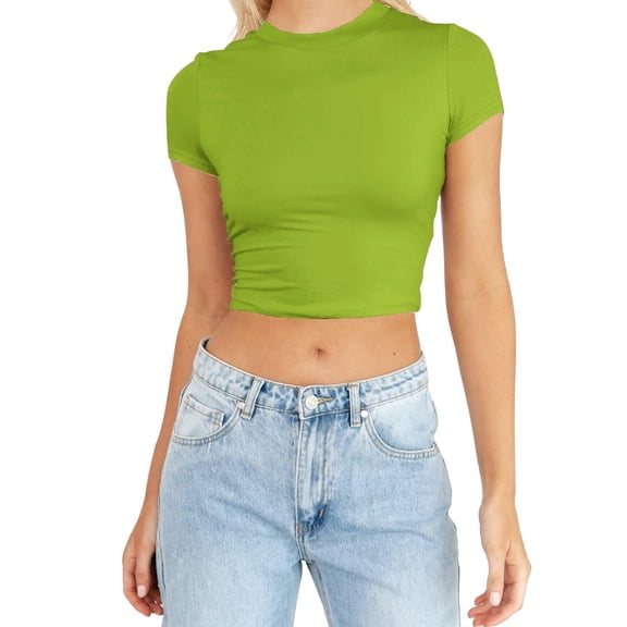 Womens Tops Fashion Summer Short Sleeve Cute Crop Top Casual Basic Crewneck Slim Fit T Shirt Cotton 1Pc S Shirts for Women