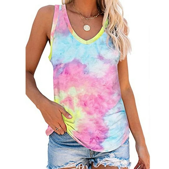 Womens Tops Fashion Women's Summer Tie-Dye Sleeveless V-Neck T-Shirt Casual Tanks Tops Womens Clothes under $8
