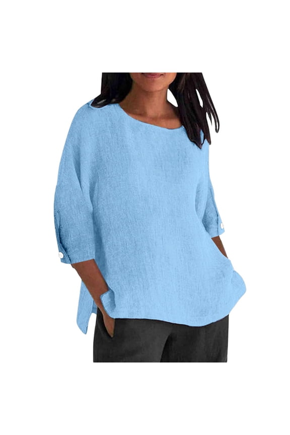 Womens Tops Fashionable Casual Cotton And Linen Sleeve Seven Quarter Sleeve Top T Shirt Blouses For Women