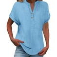 thumbnail image 1 of Womens Tops Fashionable And Casual Solid Color V Neck Wrinkle Cloth Button Short Sleeve Rolled Up T Shirt Top Double-Layer Wrinkled Fabric Soft Loose Com fortable School 1Pc 3Xl Shirts for Women, 1 of 9