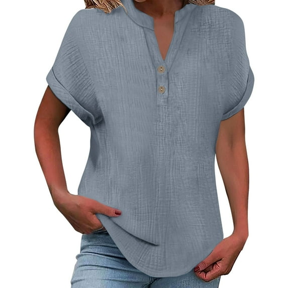 Womens Tops Fashionable And Casual Solid Color V Neck Wrinkle Cloth Button Short Sleeve Rolled Up T Shirt Top Double-Layer Wrinkled Fabric Soft Loose Com fortable School 1Pc 4Xl Shirts for Women