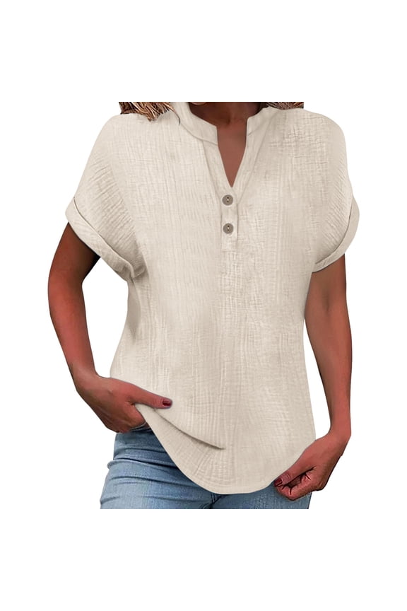 Womens Tops Fashionable And Casual Solid Color V Neck Wrinkle Cloth Button Short Sleeve Rolled Up T Shirt Top Double-Layer Wrinkled Fabric Soft Loose Com fortable School 1Pc L Shirts for Women