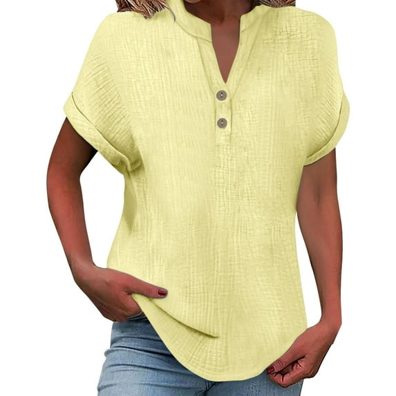Womens Tops Fashionable And Casual Solid Color V Neck Wrinkle Cloth Button Short Sleeve Rolled Up T Shirt Top Double-Layer Wrinkled Fabric Soft Loose Com fortable School 1Pc 5Xl Shirts for Women