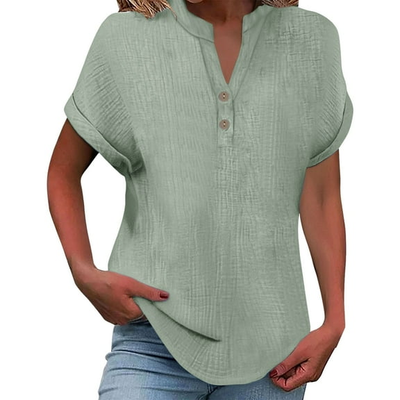 Womens Tops Fashionable And Casual Solid Color V Neck Wrinkle Cloth Button Short Sleeve Rolled Up T Shirt Top Double-Layer Wrinkled Fabric Soft Loose Com fortable School 1Pc 5Xl Shirts for Women