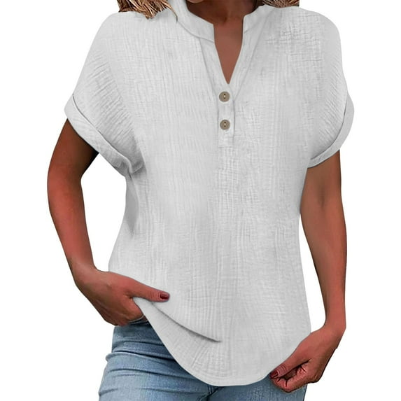 Womens Tops Fashionable And Casual Solid Color V Neck Wrinkle Cloth Button Short Sleeve Rolled Up T Shirt Top Double-Layer Wrinkled Fabric Soft Loose Com fortable School 1Pc 4Xl Shirts for Women