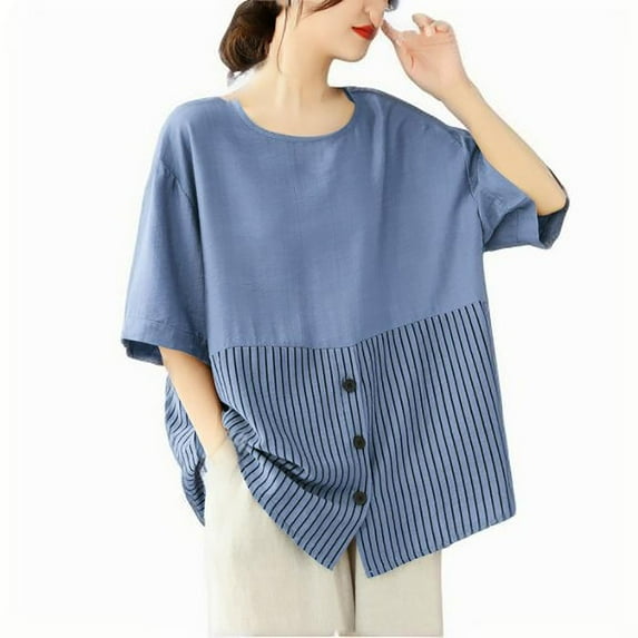 Womens Tops Fashionable Retro Embroidered Round Neck Five Quarter Sleeved Short Sleeved Blouse Plus Size Women Tops Summer Blouses for Women