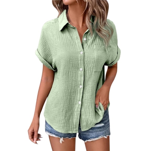Womens Tops Fashionable Solid Color Folding Sleeves Button Short Sleeved Plus Size Shirts,Light Green,S