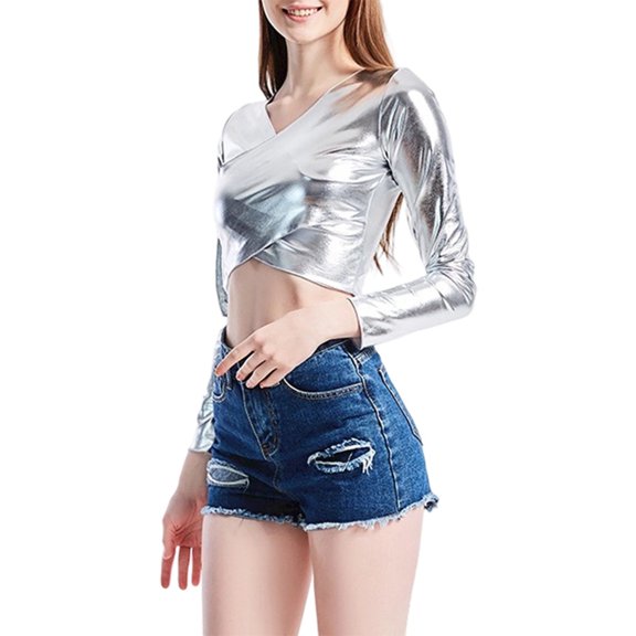 Womens Tops Long Sleeve Performance V Neck Stage Show Glamour Shiny Petite Tops,Silver,XL