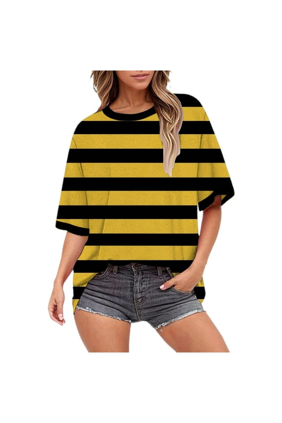 Womens Tops Festival Yellow Black Striped 3D Printed Round Neck Short Sleeved Loose Top Breathable Soft 95% Polyester + 5% Spandex 1Pc T-Shirt 2Xl Shirts for Women