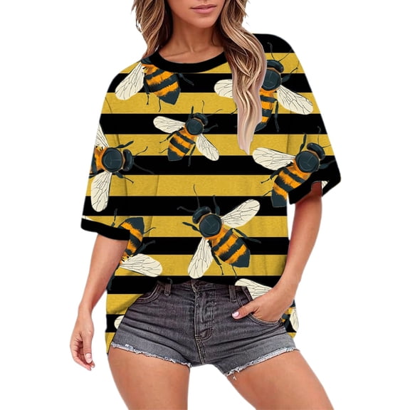 Womens Tops Festival Yellow Black Striped 3D Printed Round Neck Short Sleeved Loose Top Breathable Soft 95% Polyester + 5% Spandex 1Pc T-Shirt S Shirts for Women