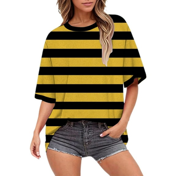 Womens Tops Festival Yellow Black Striped 3D Printed Round Neck Short Sleeved Loose Top Breathable Soft 95% Polyester + 5% Spandex 1Pc T-Shirt S Shirts for Women