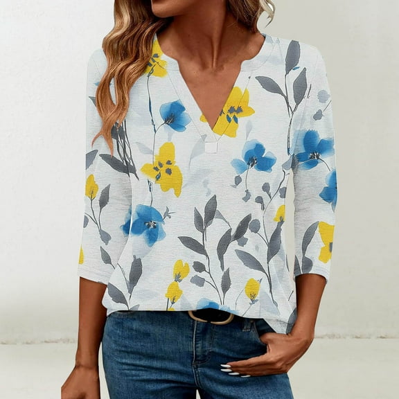 Womens Tops Floral Print V-Neck 3/4 Sleeve Casual T-shirt Blouse Blue,Blouse for Women