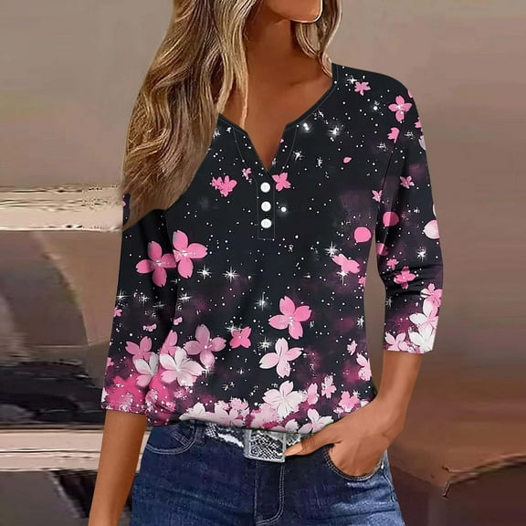 Womens Tops Floral Printed Buttons V-Neck 3/4 Sleeved Casual T-shirt Top Black M,Tops for Women