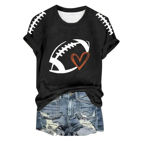 Womens Tops Funny Football Season Printed T Shirt Sport Fans Short Sleeve T Shirts for Women Black L