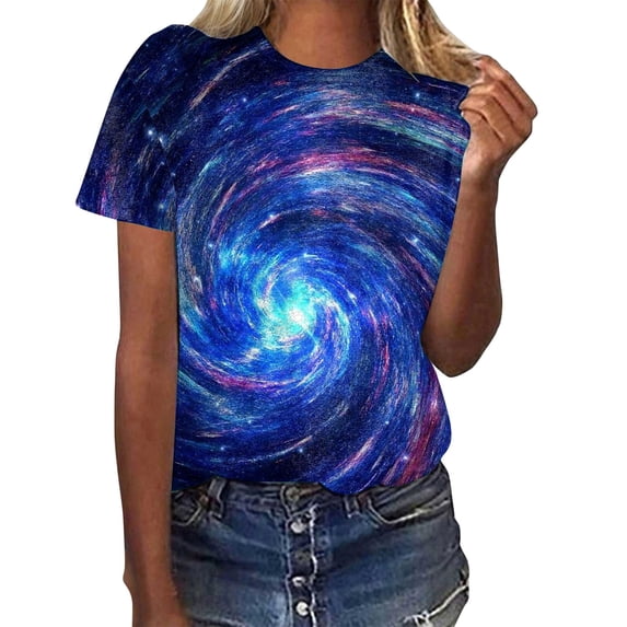 Womens Tops Galaxy Starry Sky Pattern Round Neck Loose Short Sleeved Women's Clothing Blue