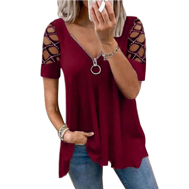 Womens Tops Going Out Tops Hollow Out Short Sleeve Sexy Tops Zipper