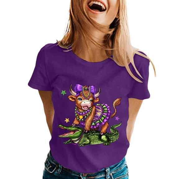 Womens Tops Graphic Print Short Sleeve Crew Neck Festival Couple Gifts for Him and Her,Purple,2XL