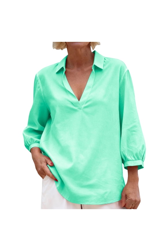 Womens Tops Green Ladies' Long Sleeved Shirt With A Regular Collar And Cuffs Solid Color Multi Color Top Shirt 3/4 Sleeves T Shirt T Shirt Xl