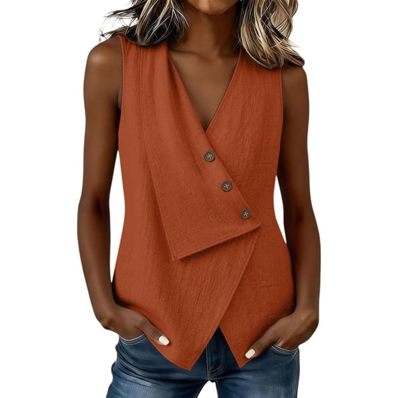 Womens Tops Gsakboxl Women Casual V‑Neck Button‑Decorated Sleeveless Linen Tank Top Blouse Orange L